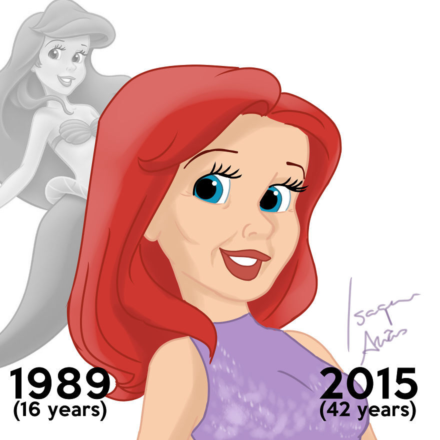 Na série de ilustrações ‘Antes e Depois’, o artista imaginou como seriam as princesas da Disney caso envelhecessem (Imagem: Divulgação)